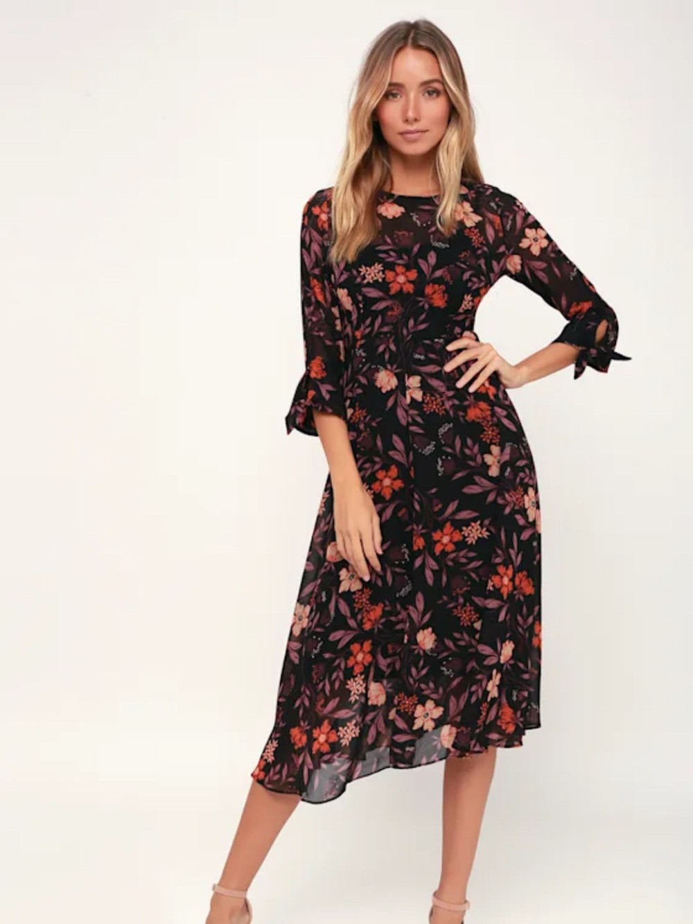 I. Madeline Passionate Love Black Floral Midi Dress Size Large